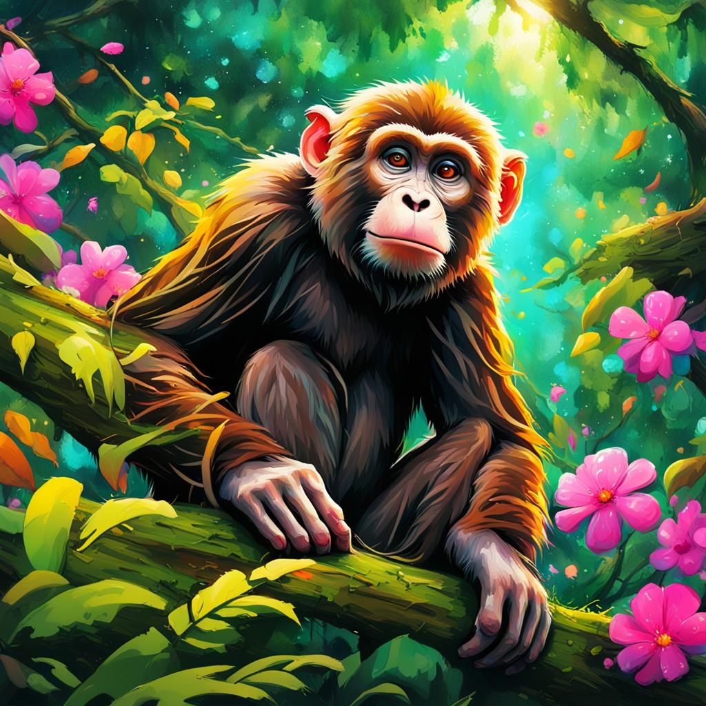 Cute Monkey in Forest, Vibrant Graffiti Art