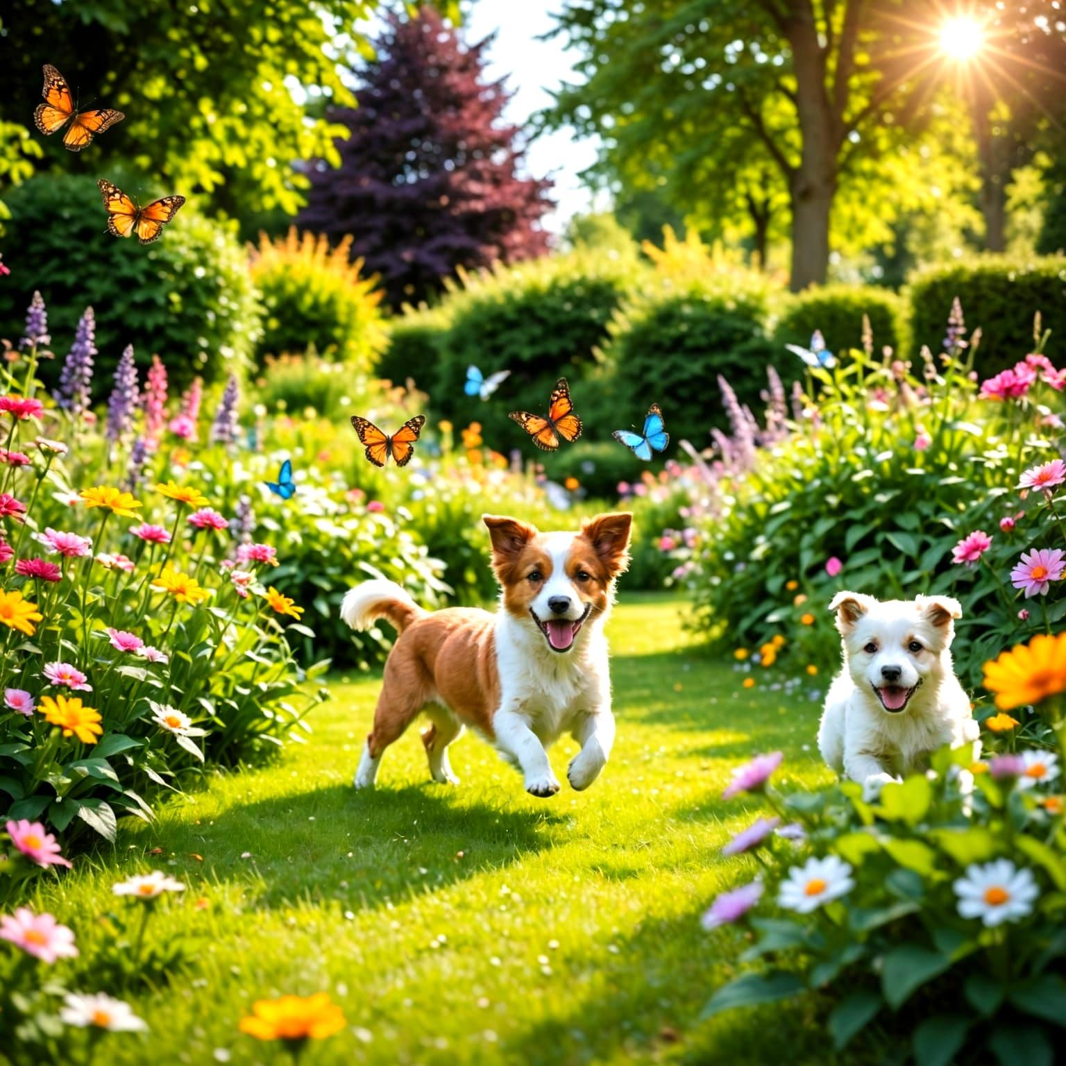 Vibrant English Garden Scene with Pups and Butterflies in Bl...