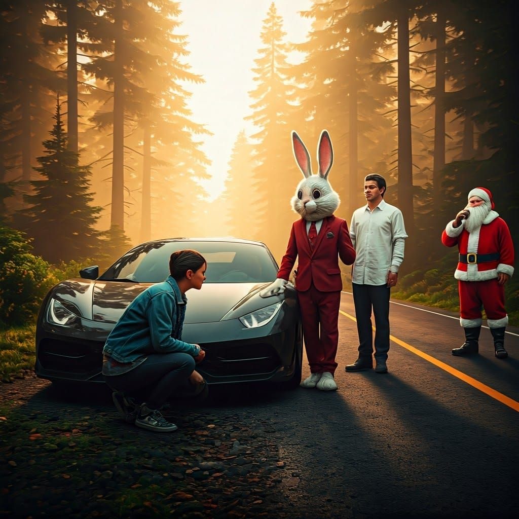 Woman Changing Tire Watched by Santa and Easter Bunny