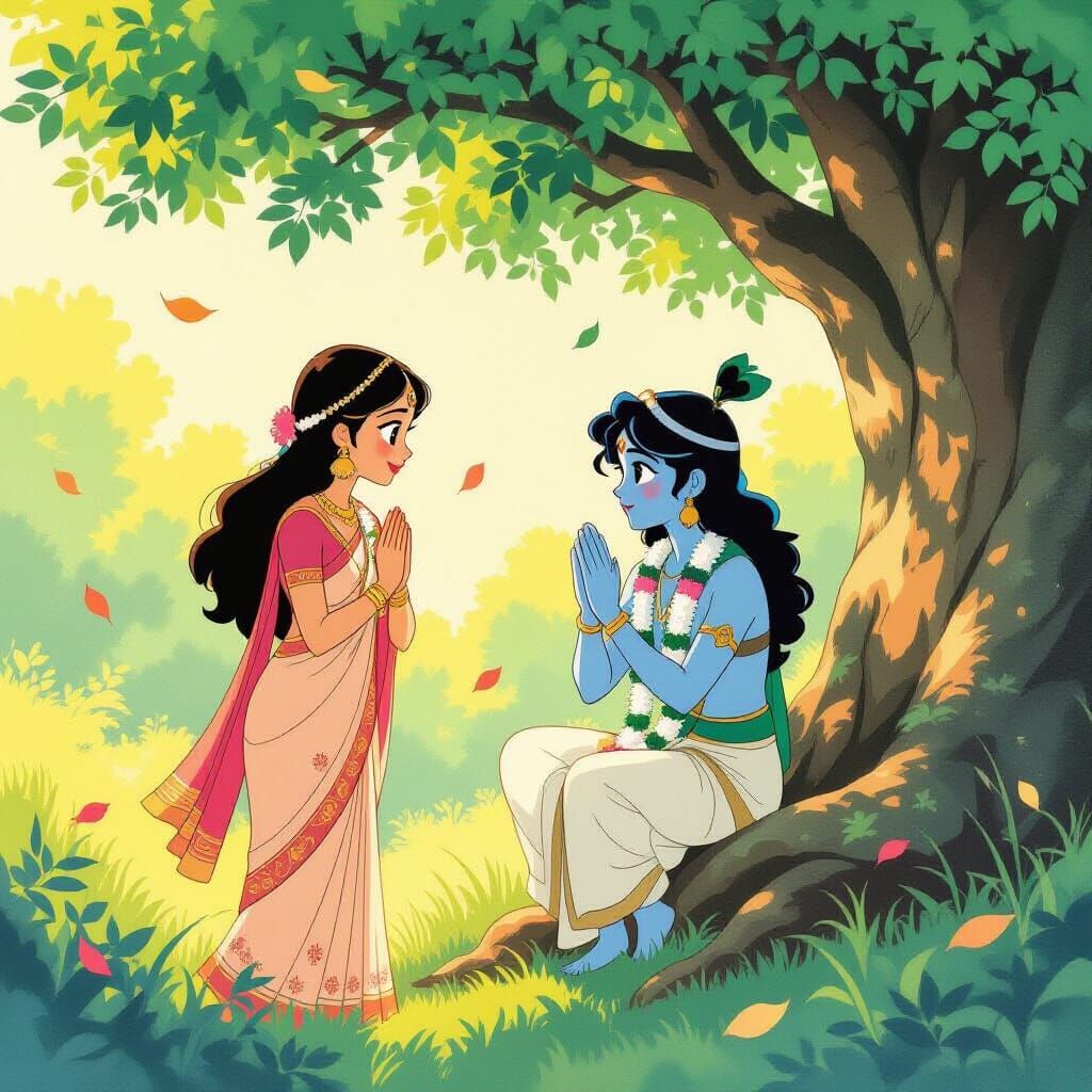 Radha and Krishna in Ghibli Forest Watercolor