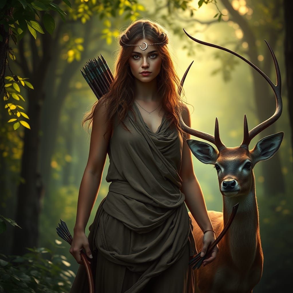 Artemis Portrait with Deer in Enchanted Forest