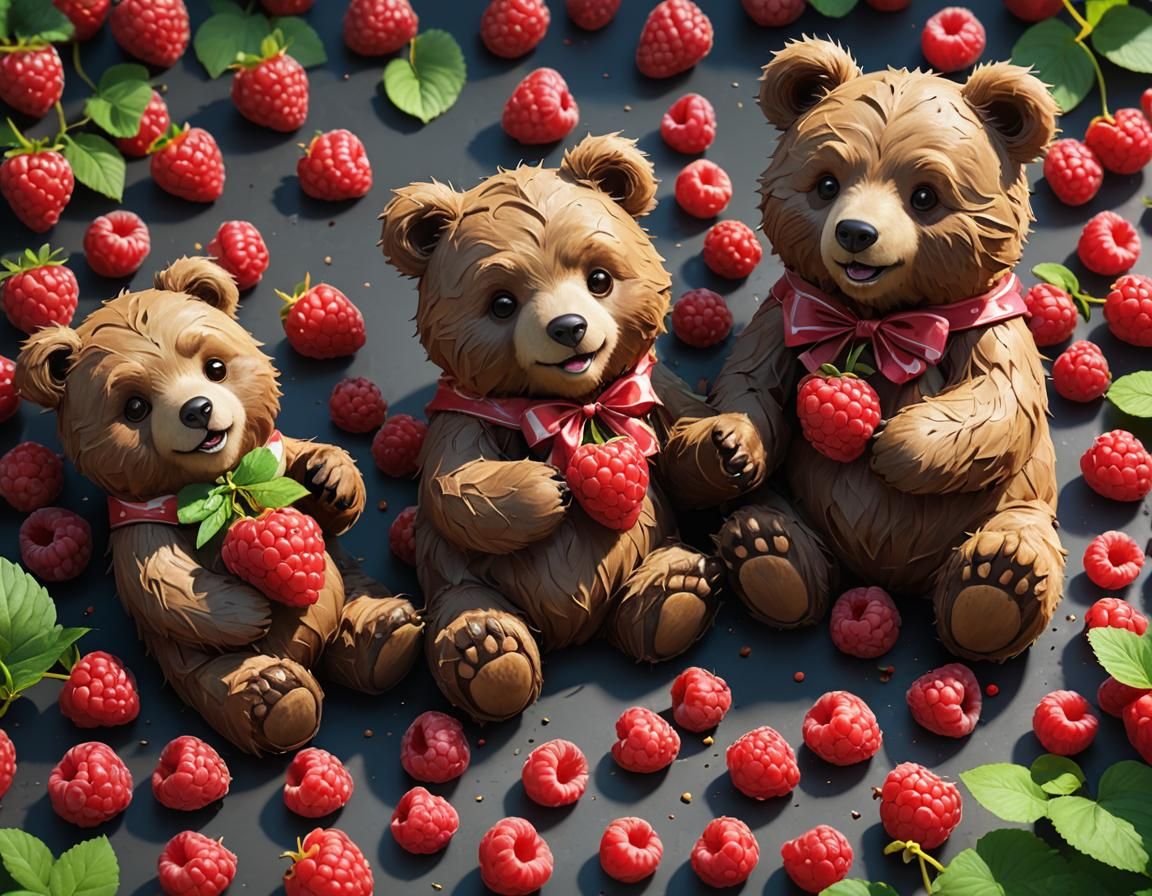 Cheerful Bears Enjoying Delicious Raspberries in Anime Style
