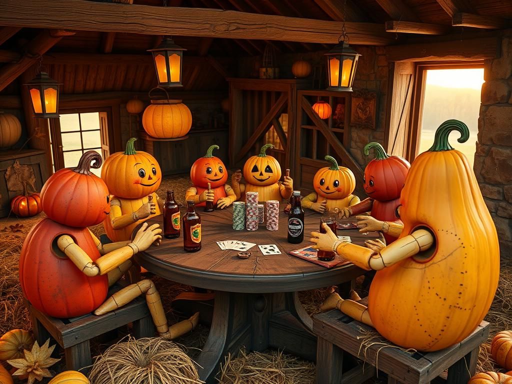 Animated Gourds Play Poker: Whimsical Barn Scene
