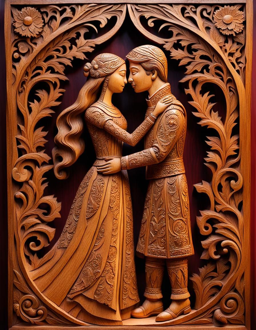 Fairytale Prince and Princess Wooden Carving Art