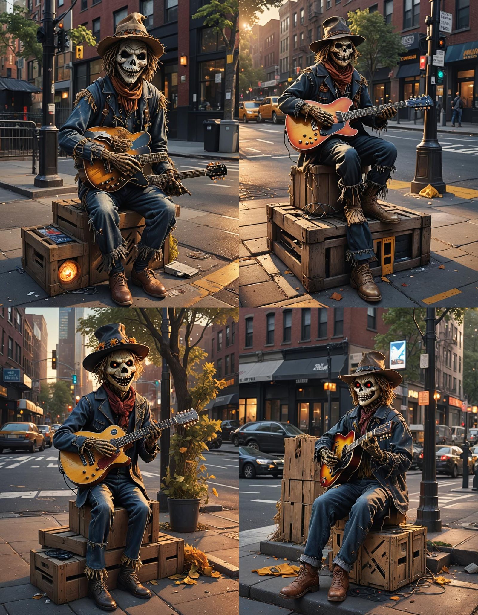 Scarecrow Guitarist on New York Sidewalk at Sunset