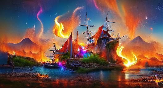 Dreamy Pirate Landscape with Magic Fire