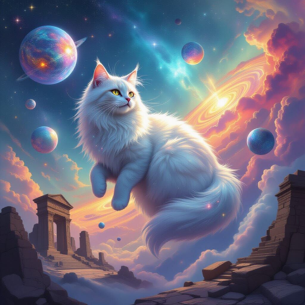 Ethereal Cat Floating in Cosmic Dreamscape