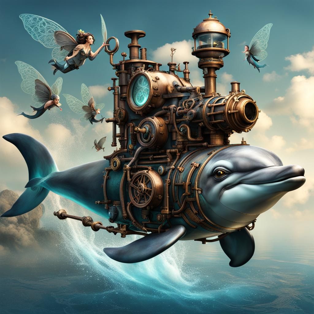 Steampunk Dolphin and Fairies Fantasy Art