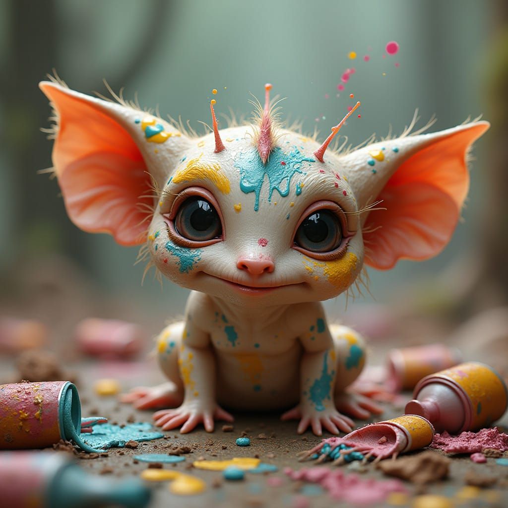 Whimsical Gremlin Creatures Amidst a Riot of Paint