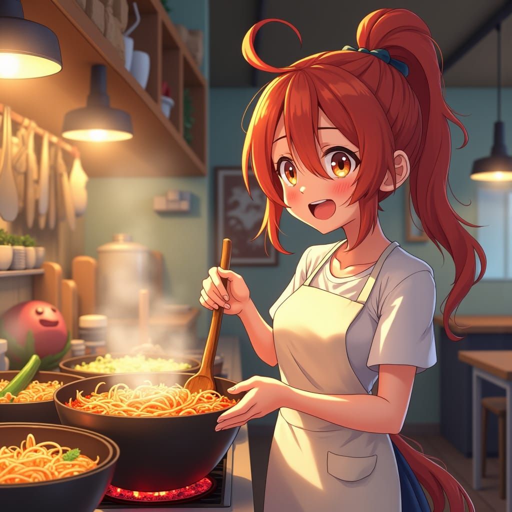 Talia and RedVegieMon Cook Ramen, Anime Style