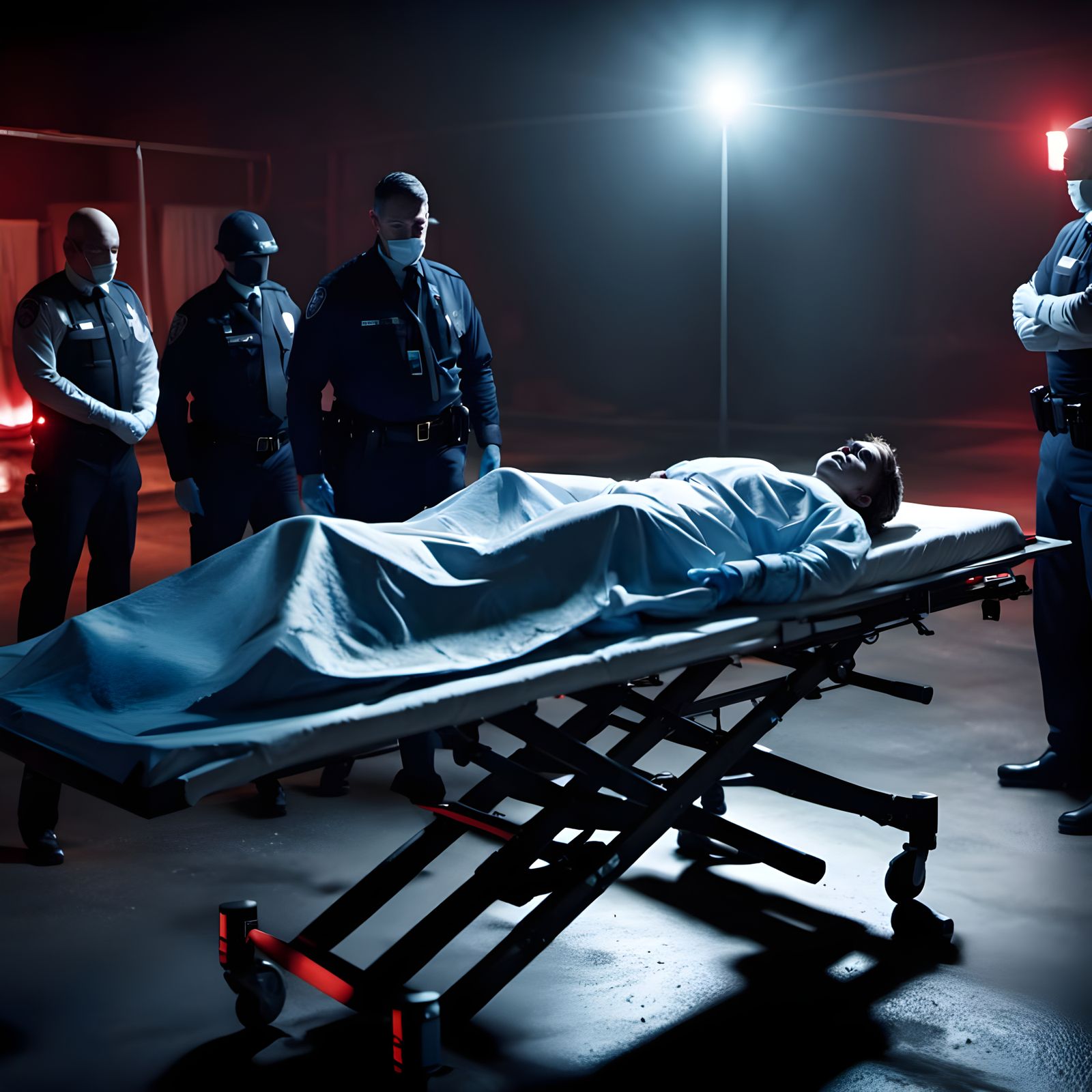 Dead Body on Gurney in Dark Crime Scene