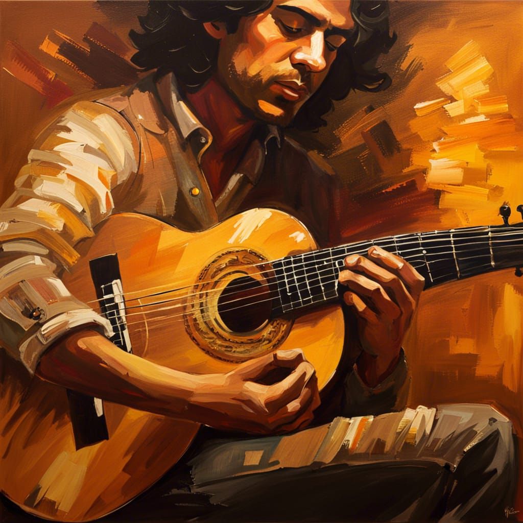 Romantic Guitar Art in Golden Oil Painting