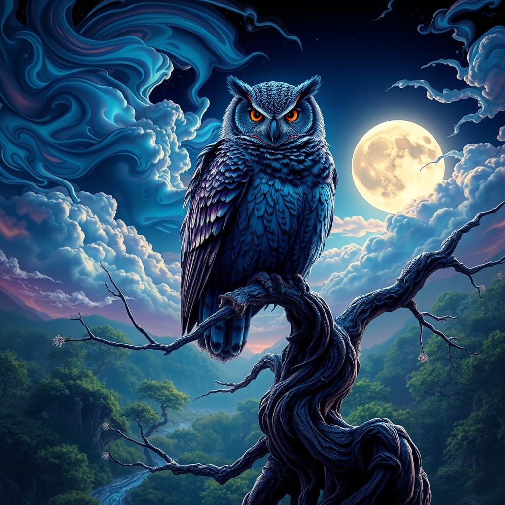 Majestic Owl on Mystical Tree Branch