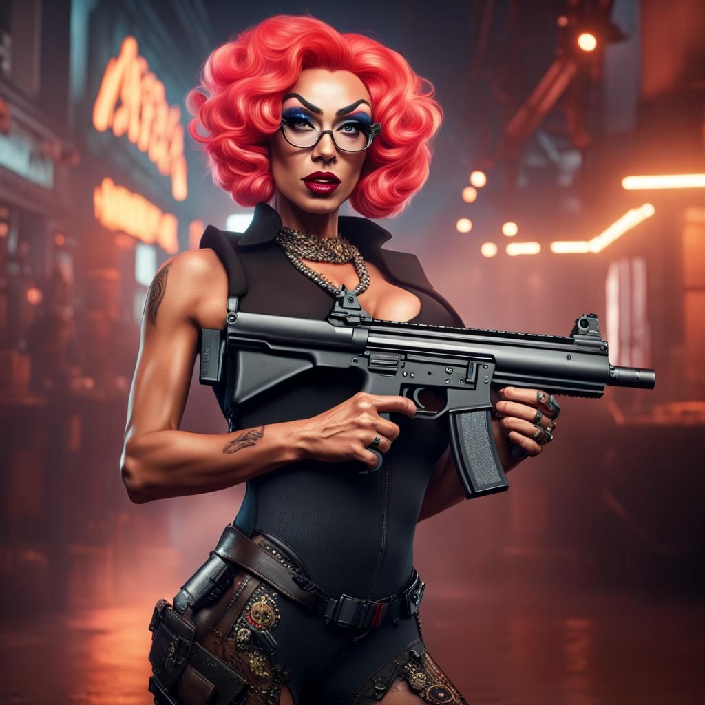 Drag Queen Henny Cox with Modified MP5, Detailed Art