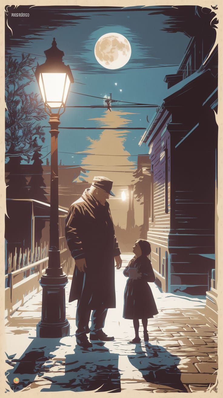 Retro Travel Poster of Snowy Street Scene under Full Moon