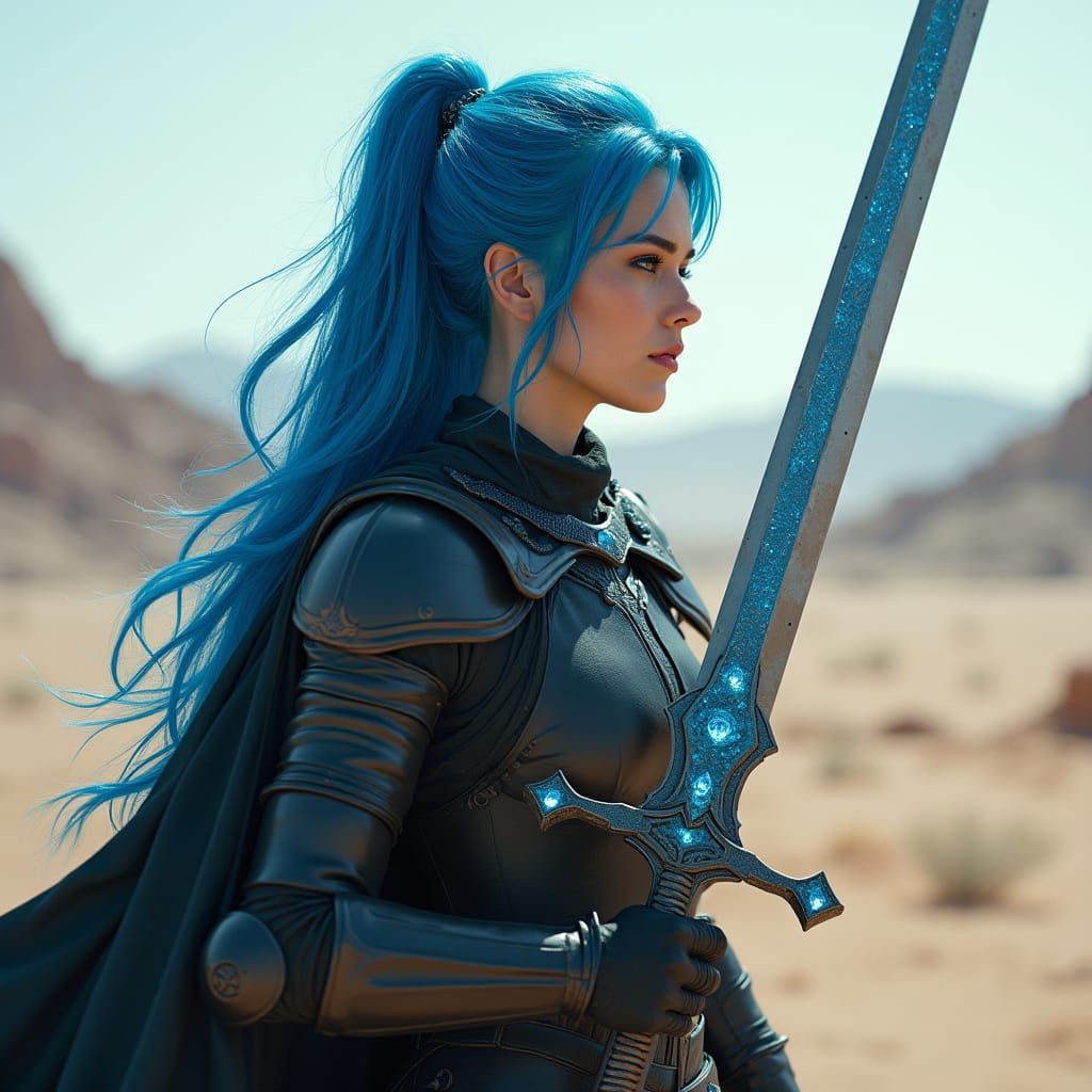 Blue-Haired Warrior in Dystopian Desert, Hyperrealistic Styl...