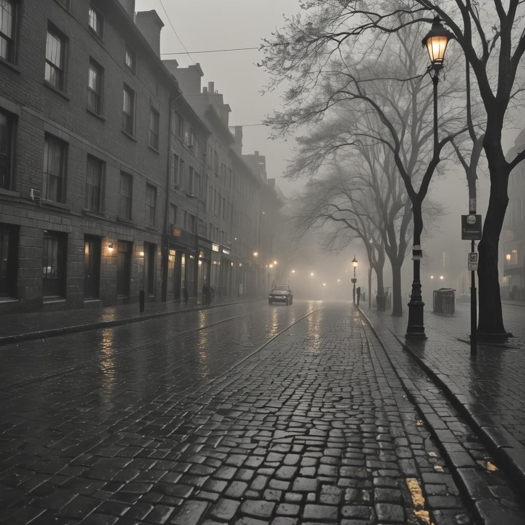 Rainy Cityscape with Fog and Cobblestones