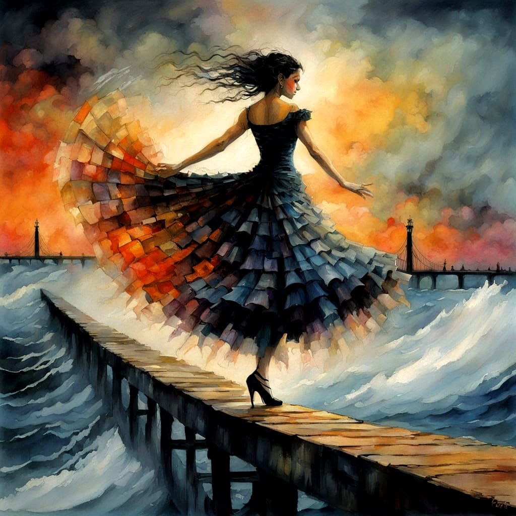 Surrealist Dancer Bridges Stormy Seas in Vibrant Sunset