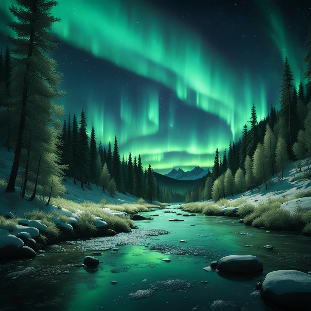 Aurora Borealis Over Mountain Valley River