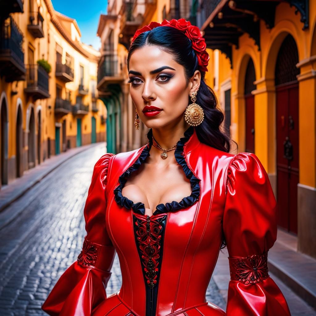 Beautiful Sevillian woman, dark hair, very bright red latex clothing, typical Sevillian costume, city of Seville. Spain.