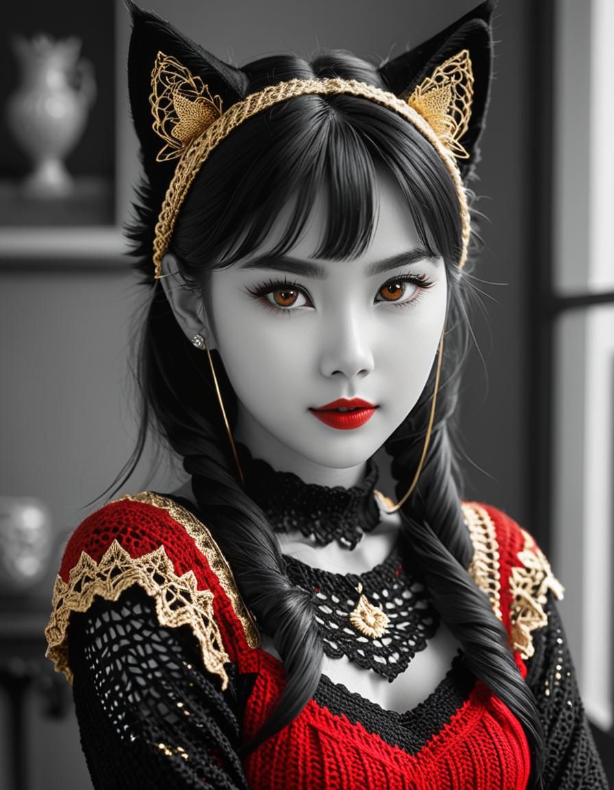 Nordic Woman Portrait with Cat Ears and Crochet Dress