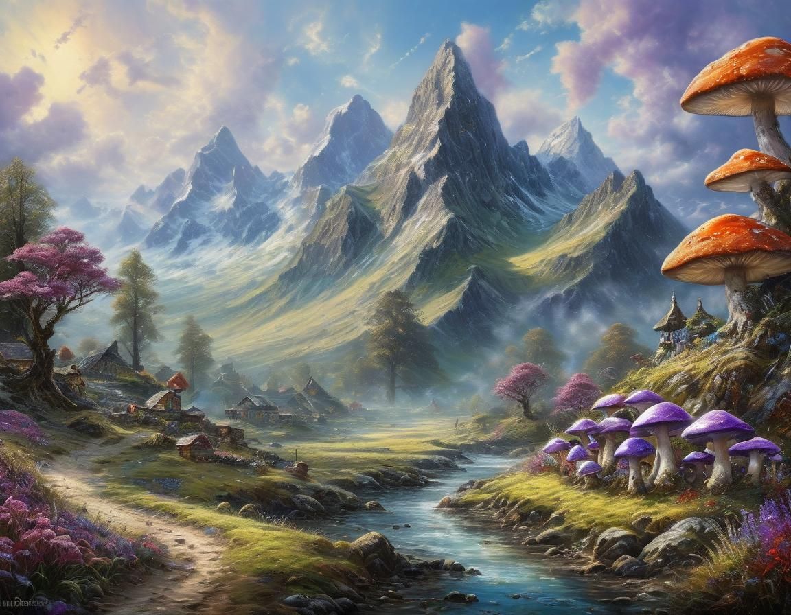 Impressionist Landscape with Geode and Amethyst Mountains