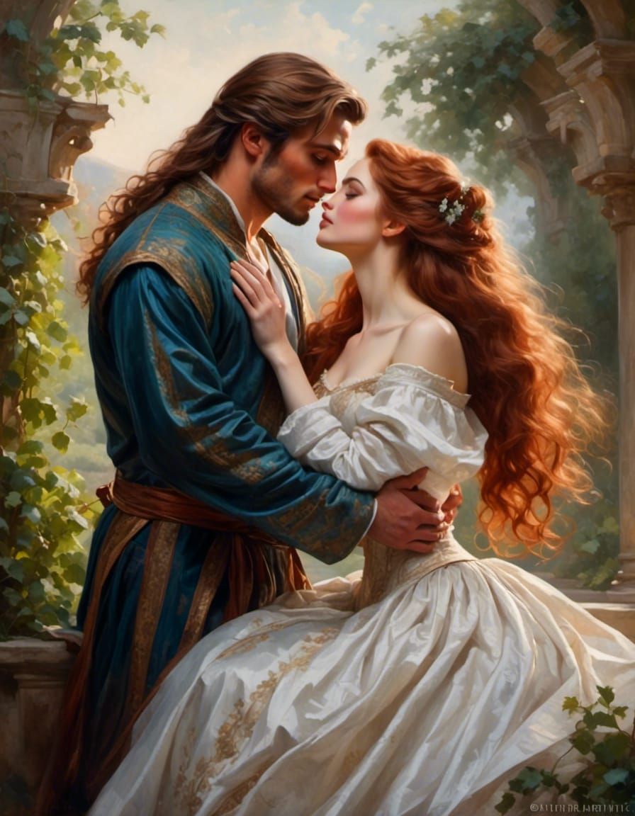 Romantic Kiss: Auburn-Haired Woman and Man Portrait
