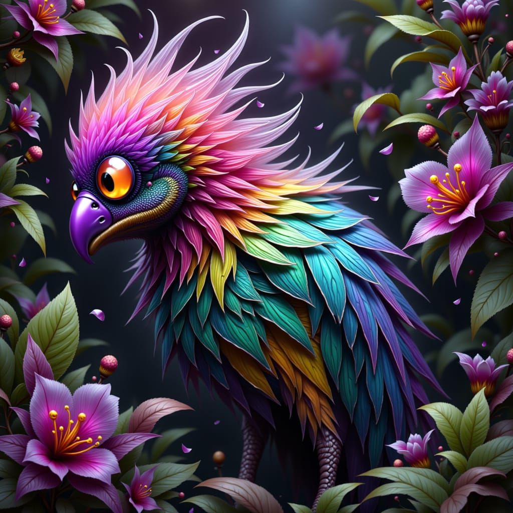 Iridescent Orchid-Parrot Creature in a Dystopian Jungle