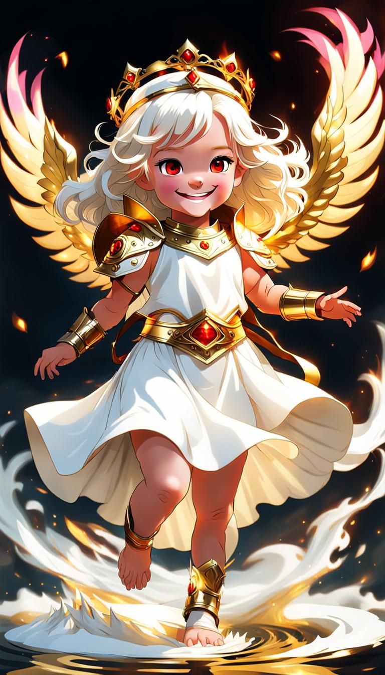 Fantasy Angel Toddler with Golden Armor and Fire Wings