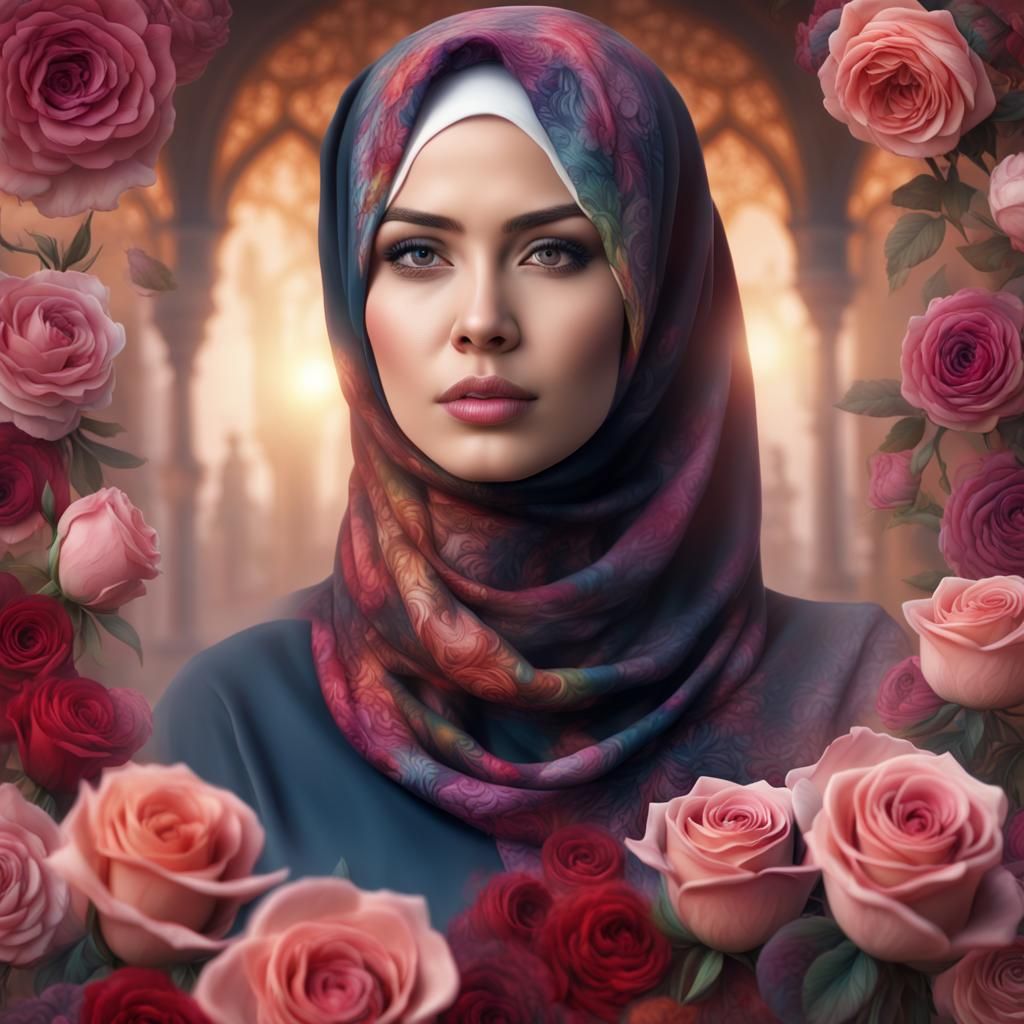 Beautiful Woman with Roses in Digital Painting
