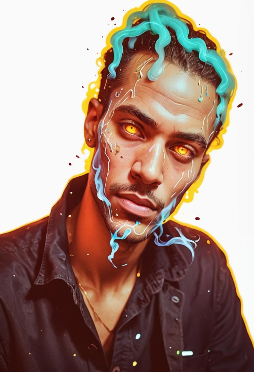 Neon Dreamcore Portrait with Smoke and Paint Splatters