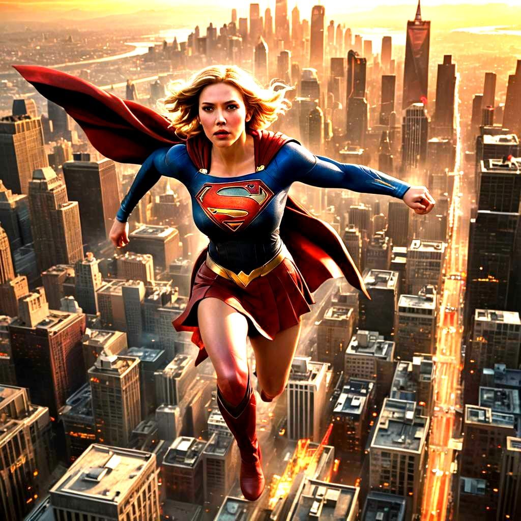 Supergirl Over Metropolis: Cinematic Film Still