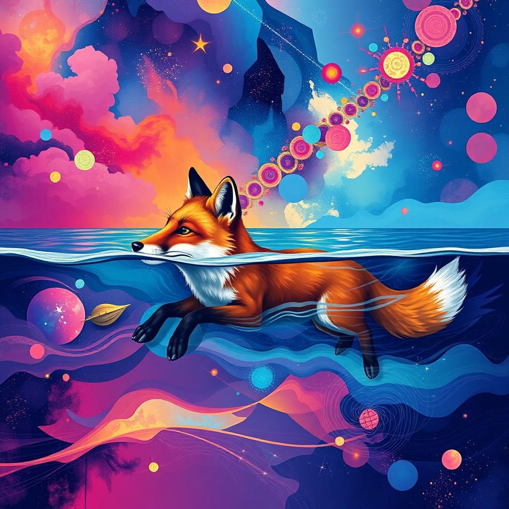 Psychedelic Galaxy: Fox Swimming in a Colorful Sea