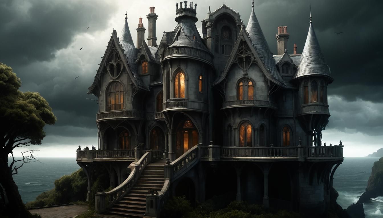 Gothic Cliffside Mansion Overlooking Stormy Sea