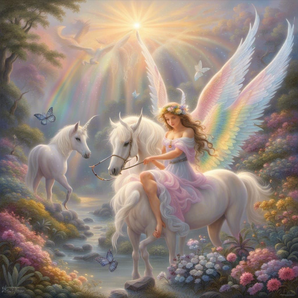 beautiful angel with a unicorn .