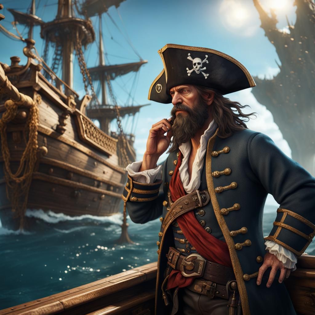 Pirate Captain Observes Vessel in Detailed Matte Painting