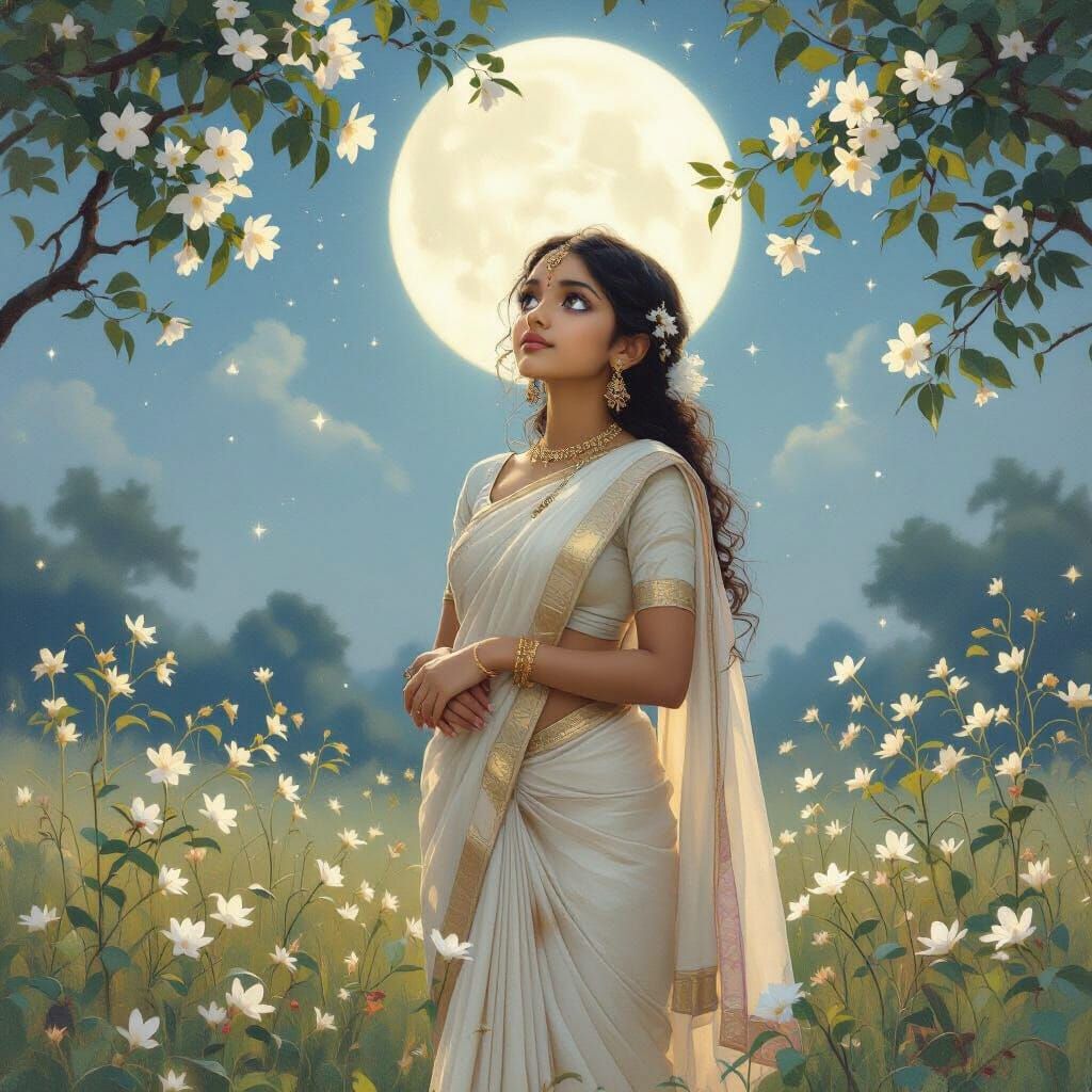 Serene Indian Girl in Moonlit Meadow, Classical Style