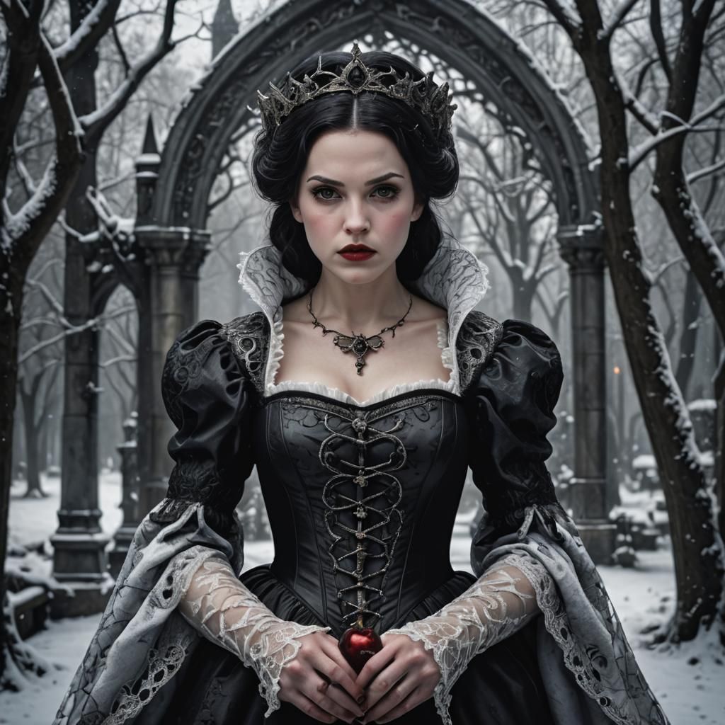 Medium shot of Snow White, black gothic style lady, intricat...