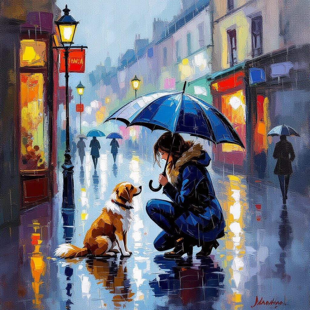 Compassionate Shelter in Rain, Gouache Masterpiece