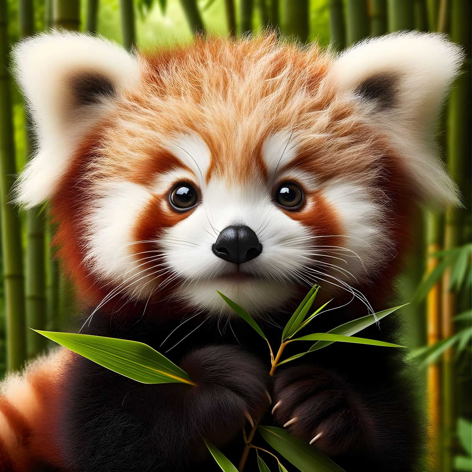 Endearing Baby Red Panda Holding Bamboo Leaves