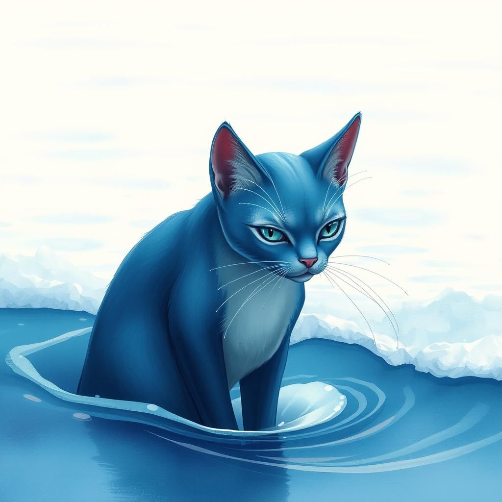 Blue Feline Emerges from Ocean: Dreamy Watercolor Art