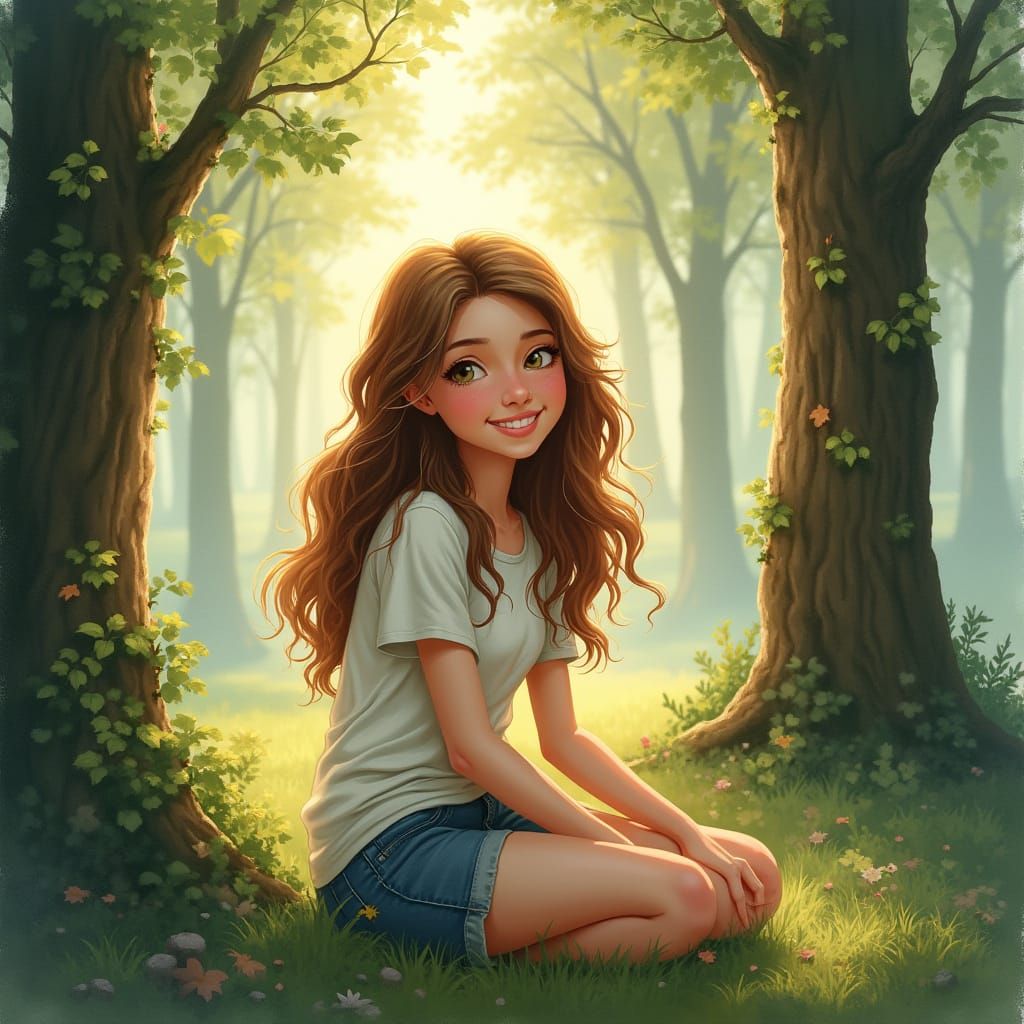 Whimsical Woman in Serene Forest Watercolor