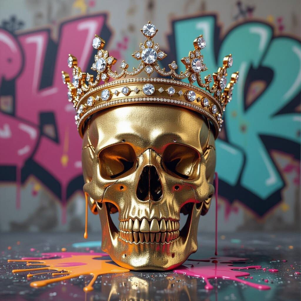 Golden Skull with Diamond Crown in Graffiti Art