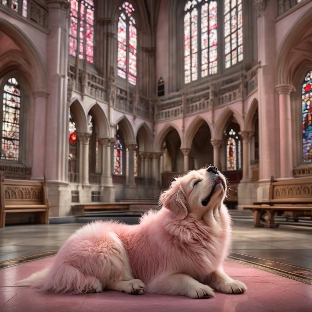 Solemn Pink Dog Kneels in Prayer Inside a Grand Church