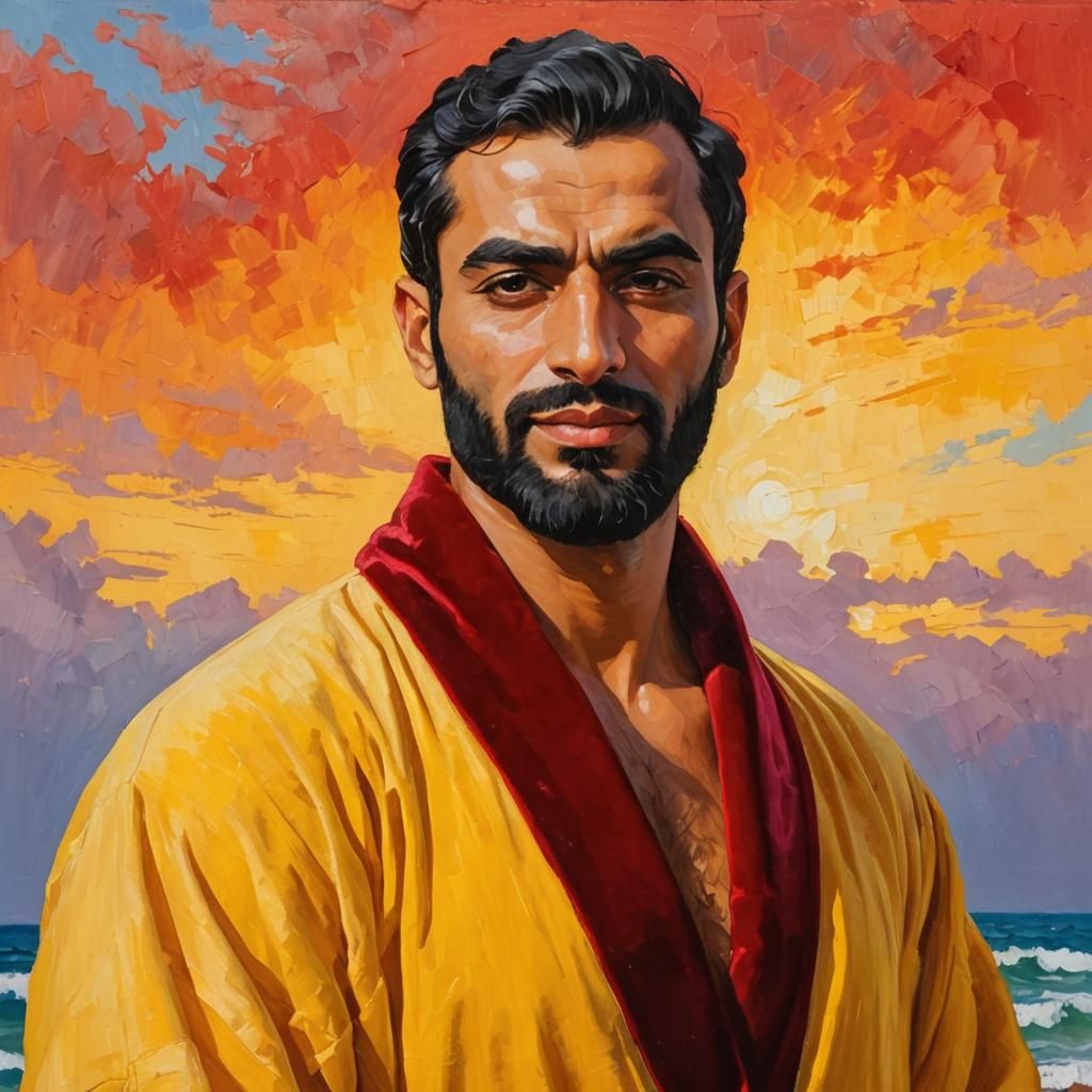 Handsome Man in Bathrobe: Impasto Gouache Portrait