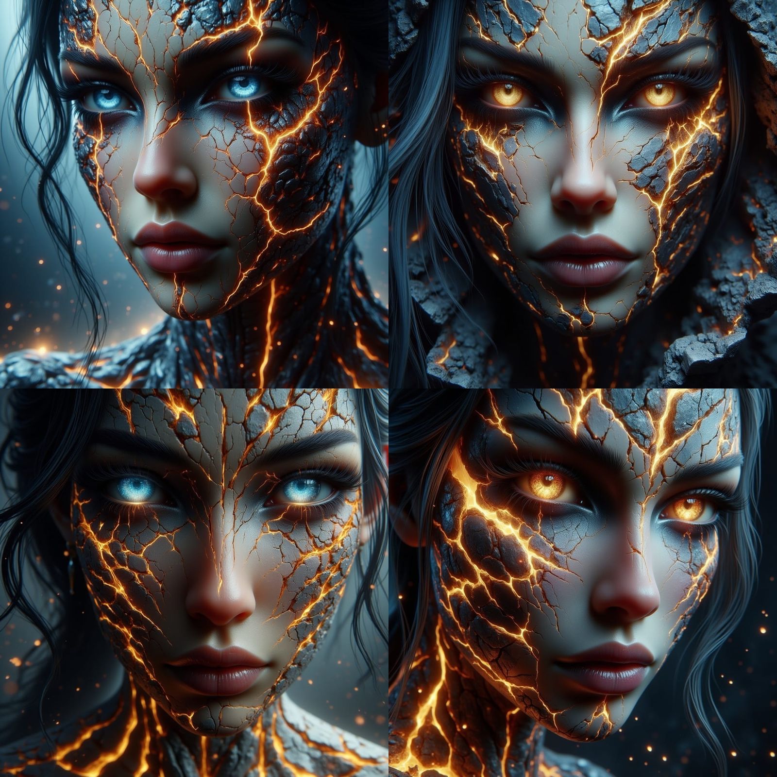 <lora:-Omnious-:1.0> A womans face, cracked in tge style of kontsugi broken pottery, gold filling the cracks