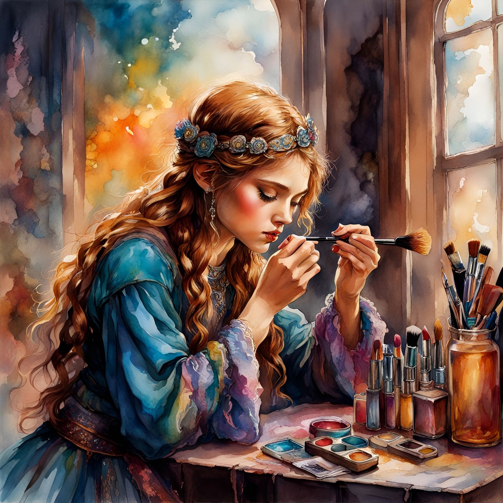Girl Applying Makeup: Ink and Watercolor Illustration