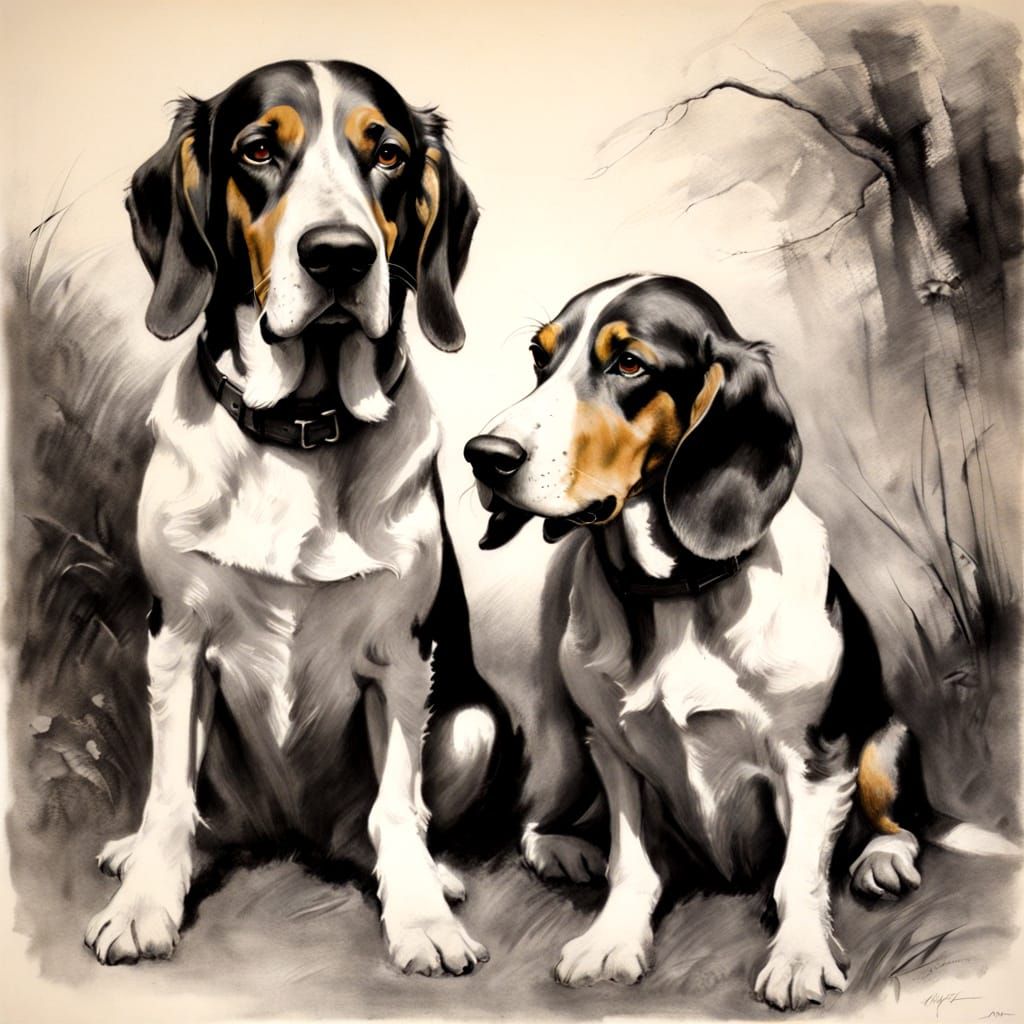 Playful Basset Hounds in Bromoil Pastel Style