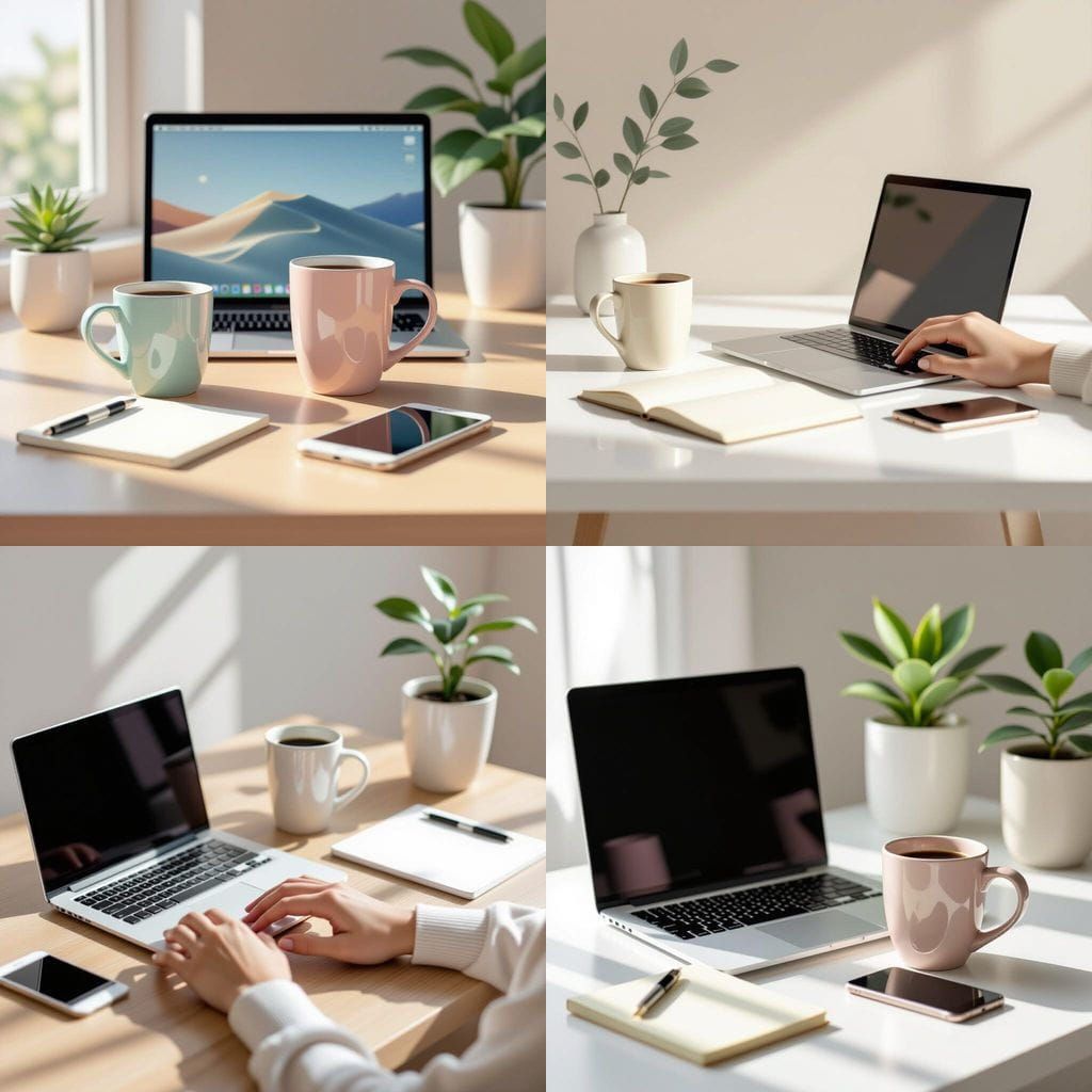 Minimalist Desk Setup with Laptop and Coffee