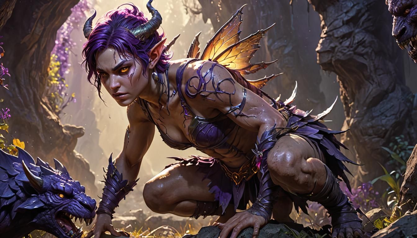 Dark Fantasy Fae Warrior in Crouched Position, Splashed with...